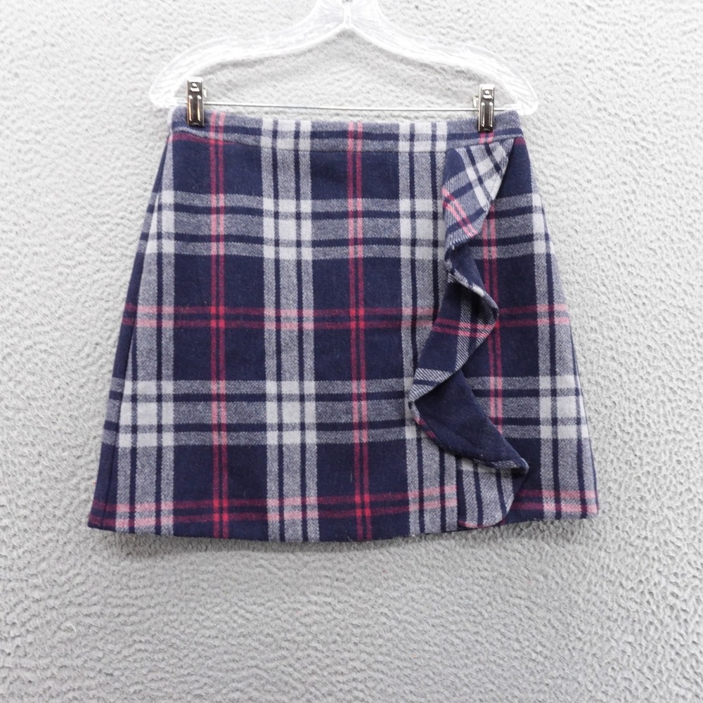 J Crew‎ Mercantile Plaid Wool Blend Mini Skirt Size 4 Navy Blue Ruffle Lined